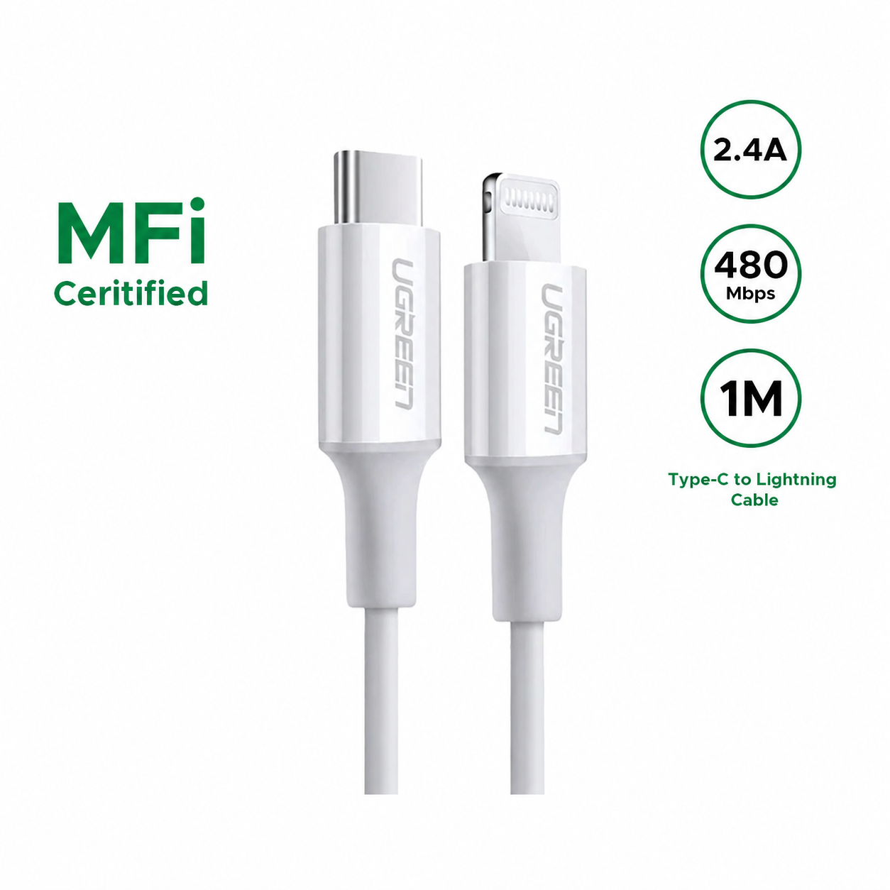 UGREEN 1 Meter MFI Certified Type-C to Lightning Cable Rubber Shell–US171–10493