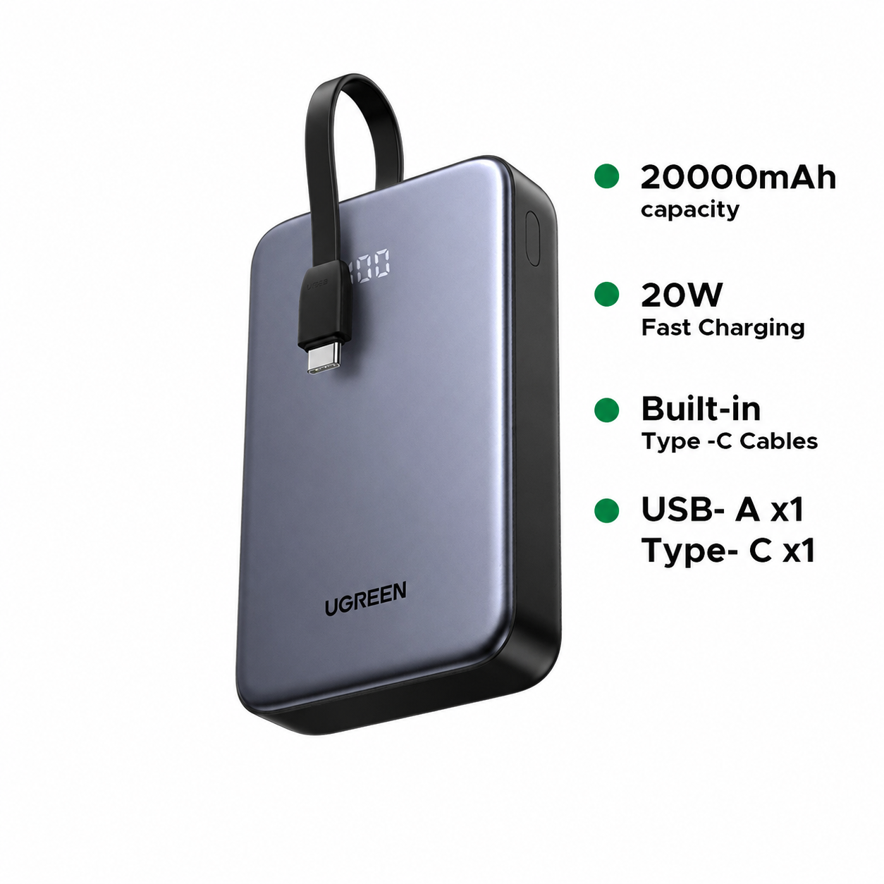 UGREEN 20000mAh 20W Power Bank with Integrated Type-C Cable – PB505 – 45762